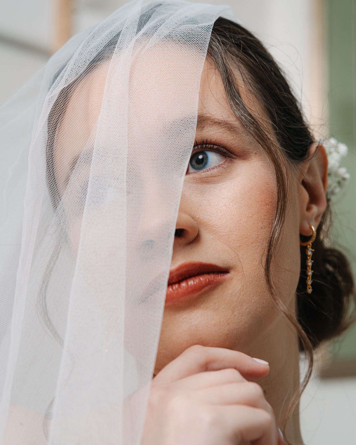 An intimate bridal portrait framed by a translucent veil